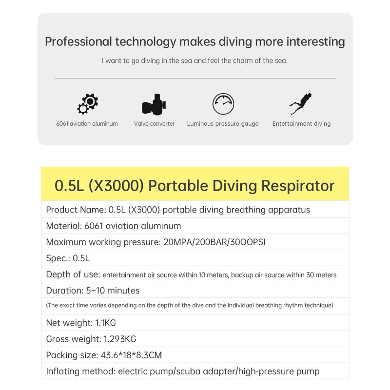 Mini Aluminum Respirator Supplier - OEM 0.5L 7-10 Minutes Diving