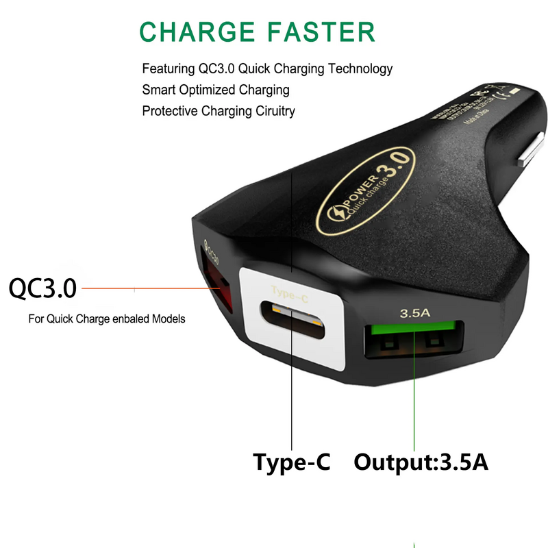 3 in 1 Car Charger Supplier - OEM QC3.0 Fast Three Ports USB
