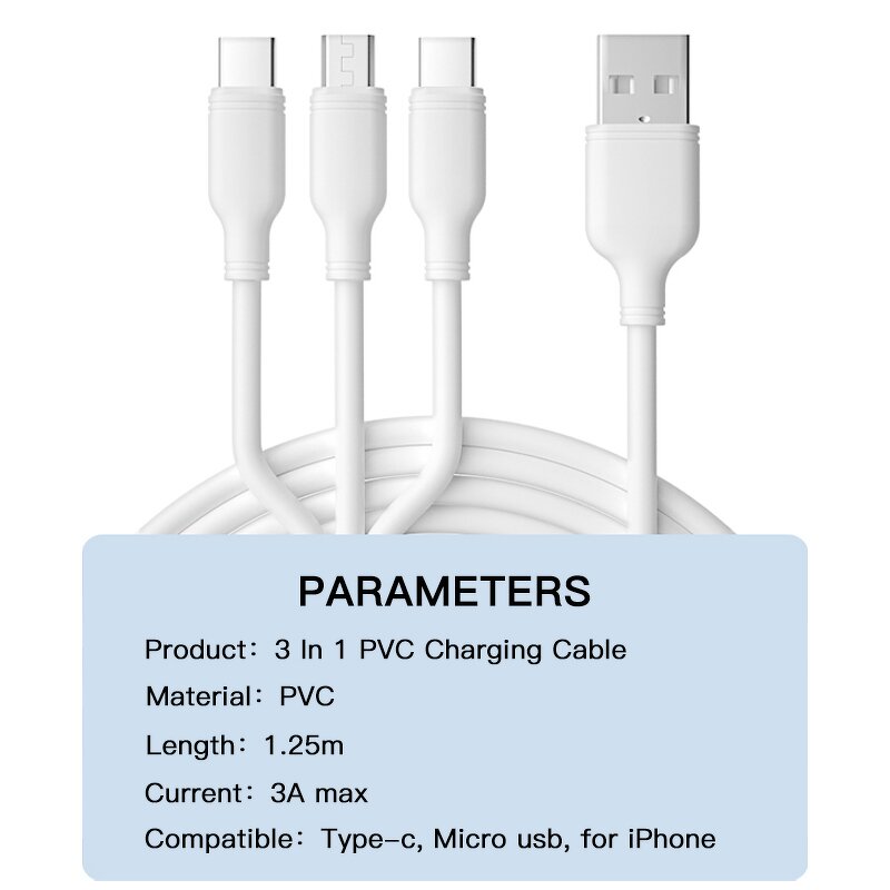 3 in 1 PVC Cable Factory - OEM Wholesale White 1.25M 3A USB Fast