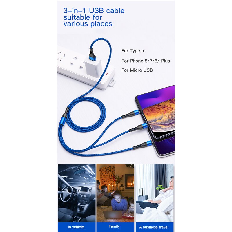 USB Cable Manufacturer - OEM 5A Fast 3 in 1 Nylon Braided