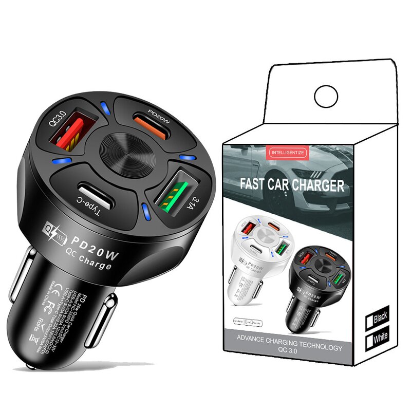 USB-C Car Charger Manufacturer - OEM CE Rohs Four Ports PD 20W