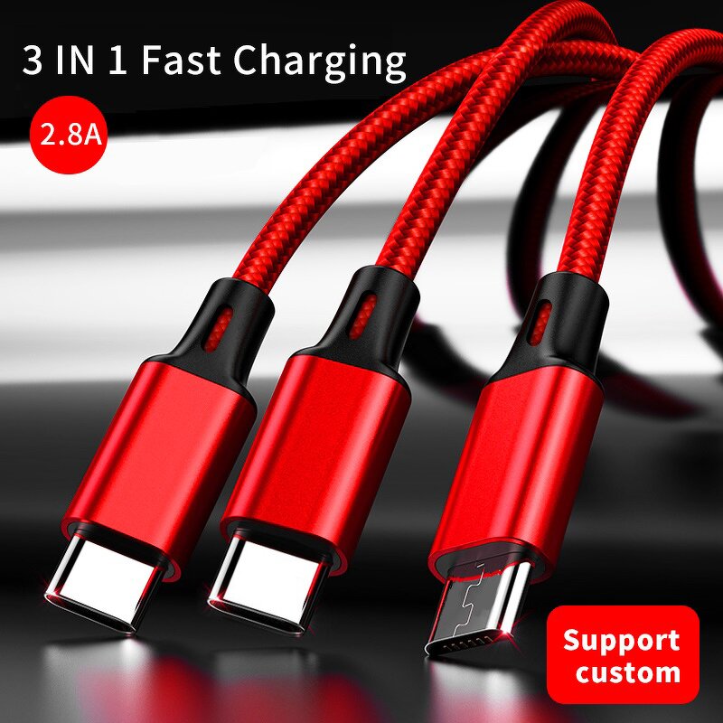 3 in 1 Nylon Cable Supplier - OEM Free Custom logo 2.8A Charging