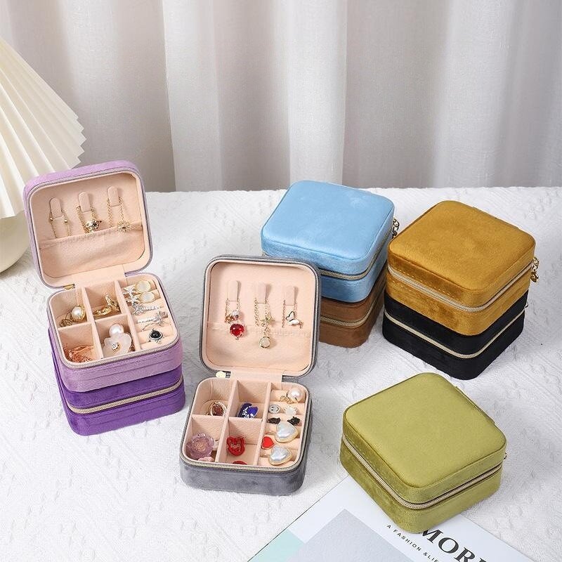 Velvet Jewelry Box Factory - Hot Sale Portable Square Zipper Travel Storage