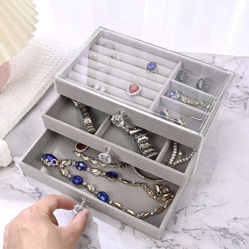 Acrylic Jewelry Box Manufacturer - 2025 Hot Sale Velvet Three-Layer Drawer