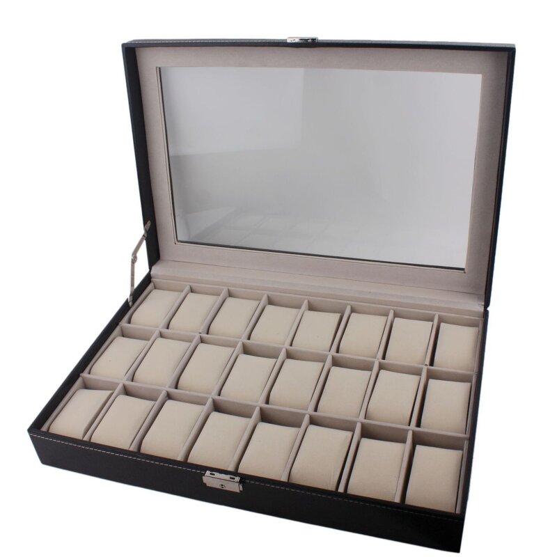 Watch Case Factory - High-End 24 Slot Black PU Leather Large Transparent