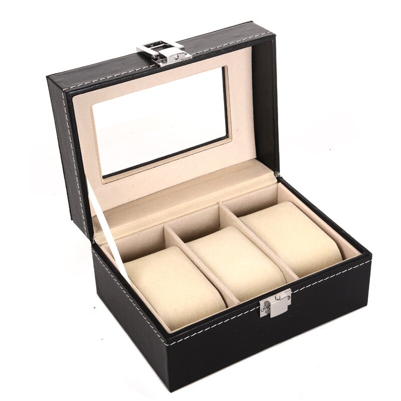 Watch Organizer Factory - Wholesale Black PU Leather 3 Slot with Transparent Window