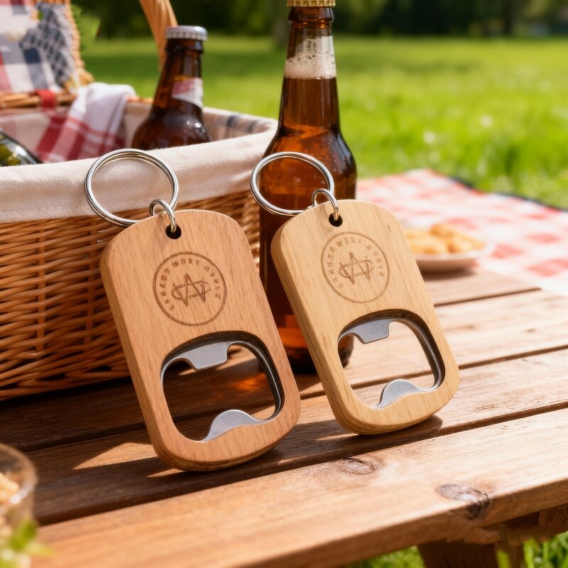 Wood Keychain Manufacturer - Custom Laser Engraved Oak Bottle Opener Keychain