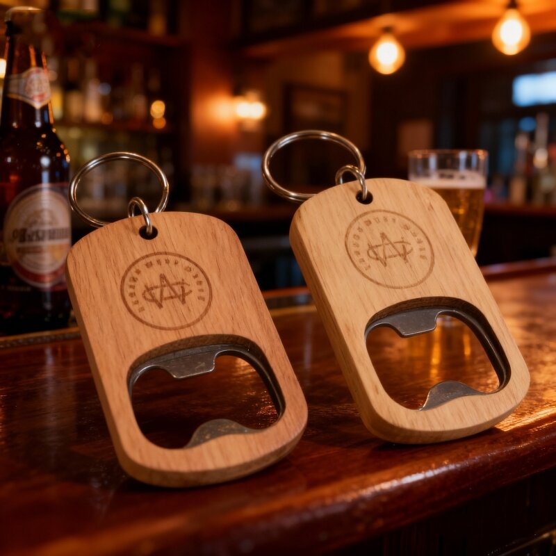 Wood Keychain Manufacturer - Custom Laser Engraved Oak Bottle Opener Keychain