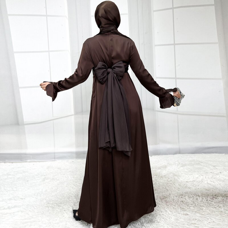Abaya Factory - Custom Luxury Satin Modest Muslim Dress Sequins Trumpet Sleeve