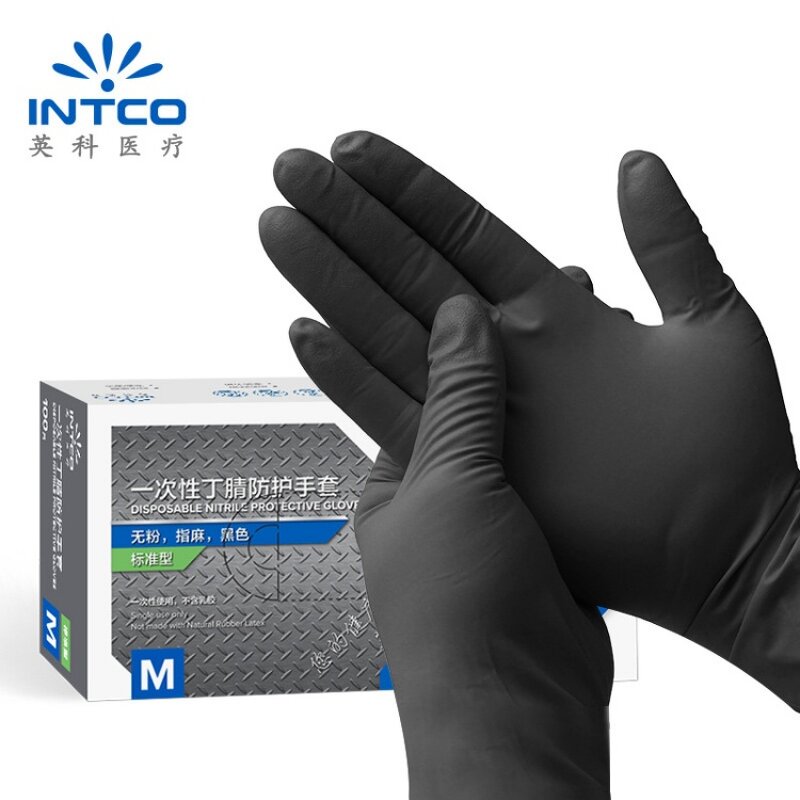 Disposable Nitrile Gloves Manufacturer - INTCO Black NBR Waterproof Non-slip Textured