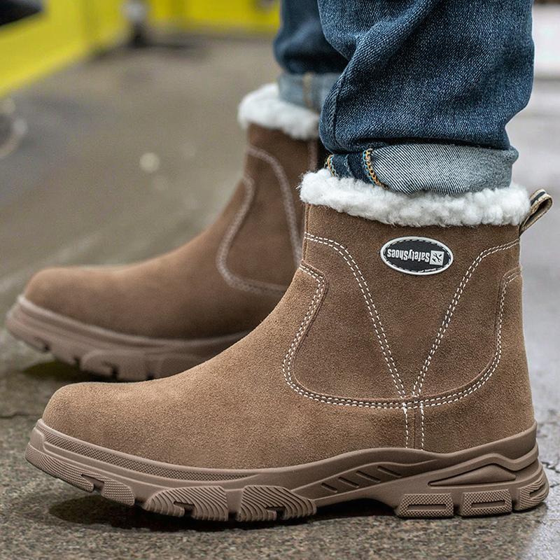 Winter Work Shoes Manufacturer - Men's High-Top Leather Mesh Fleece-Lined