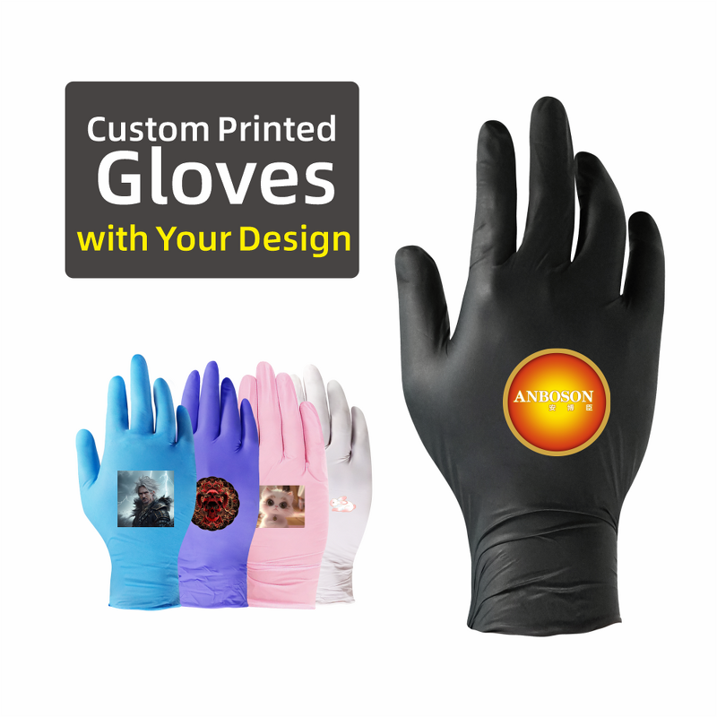 Custom Nitrile Gloves Manufacturer - ANBOSON Logo Printing 9 Inches Food Grade Finger Textured
