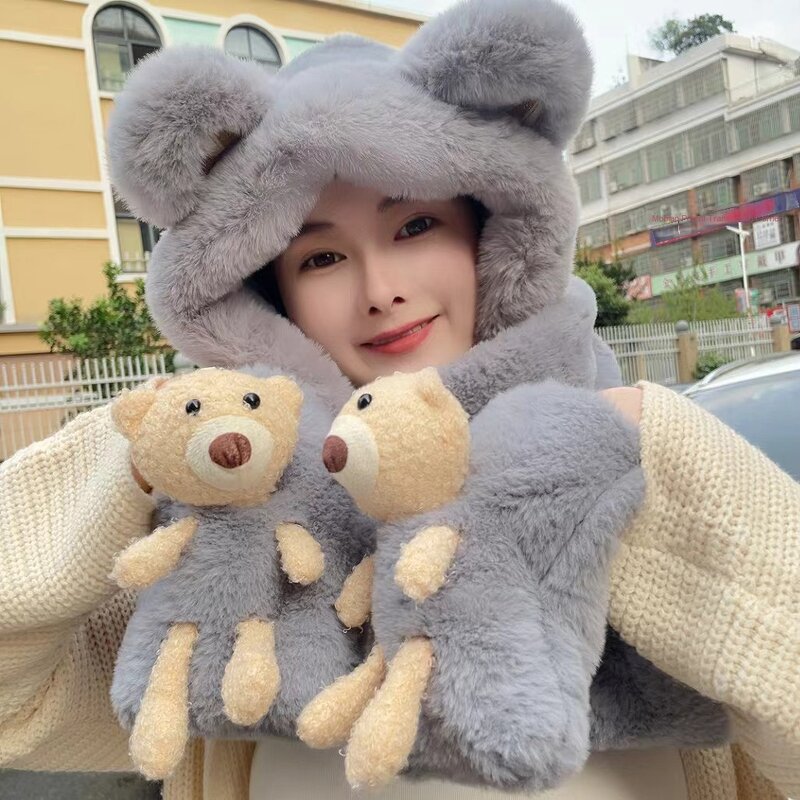 Bear Hat Gloves Scarf Set Manufacturer - Korean Cute Women's 3-Piece 100% Polyester Bows & Argyle Pattern Warm