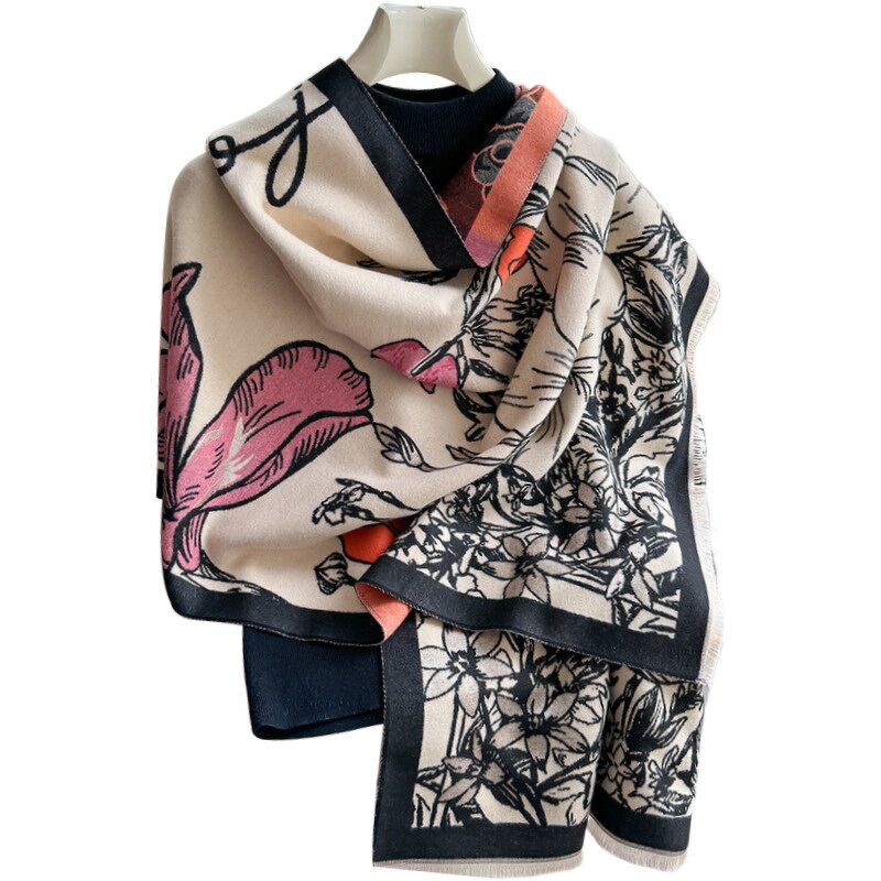 Long Plain Cashmere Scarf Manufacturer - National Fashion Ladies' Office With Flower Line Drawing Mori Color Contrast Autumn