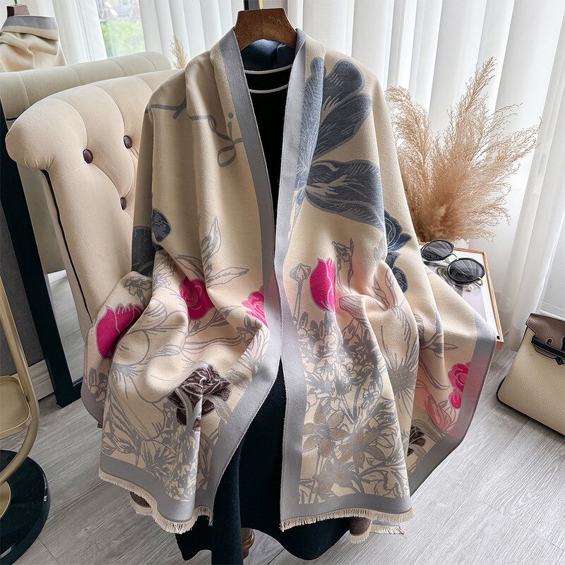 Long Plain Cashmere Scarf Manufacturer - National Fashion Ladies' Office With Flower Line Drawing Mori Color Contrast Autumn