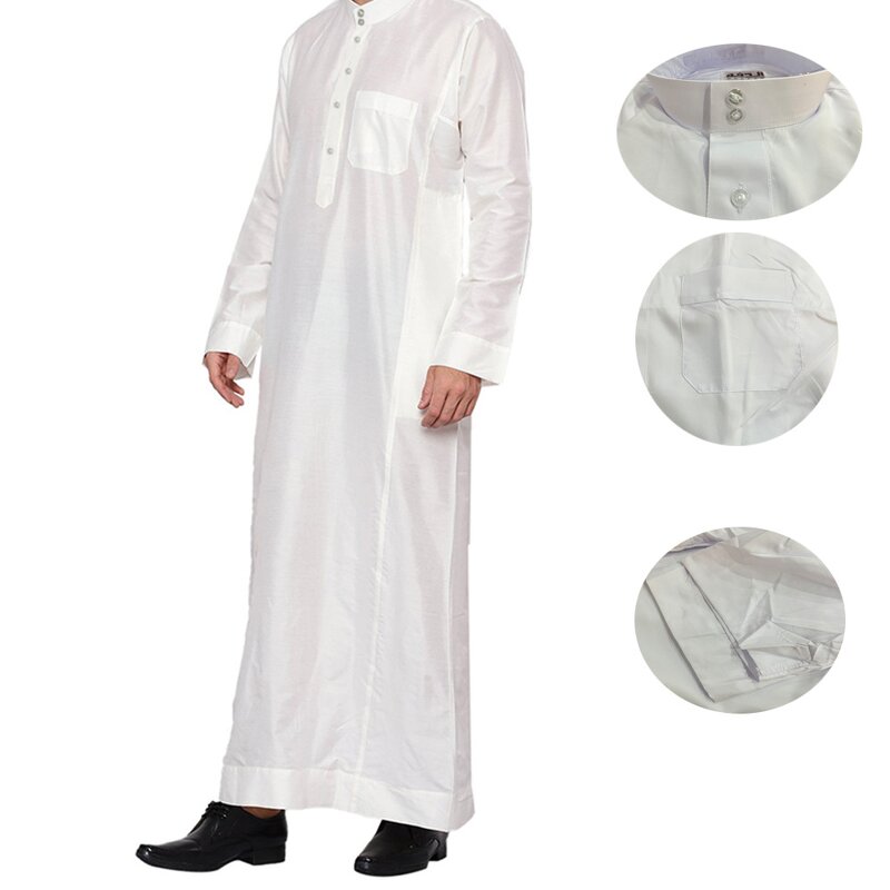 Men's Abaya Dress Manufacturer - Polyester Stand Collar Pocket Cross-Border Design for Qatar Adults Summer Wholesale