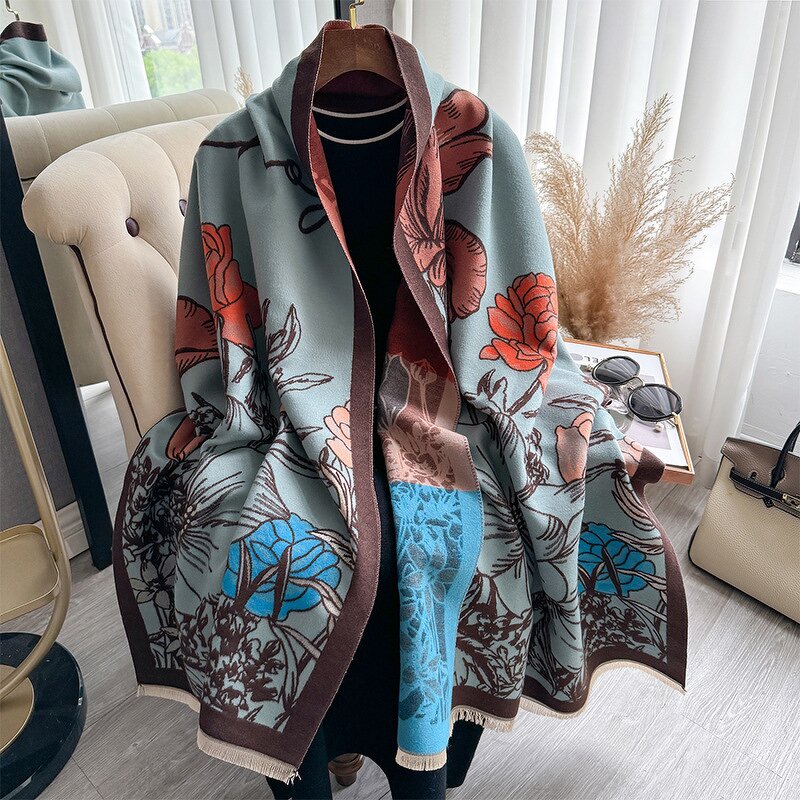 Long Plain Cashmere Scarf Manufacturer - National Fashion Ladies' Office With Flower Line Drawing Mori Color Contrast Autumn