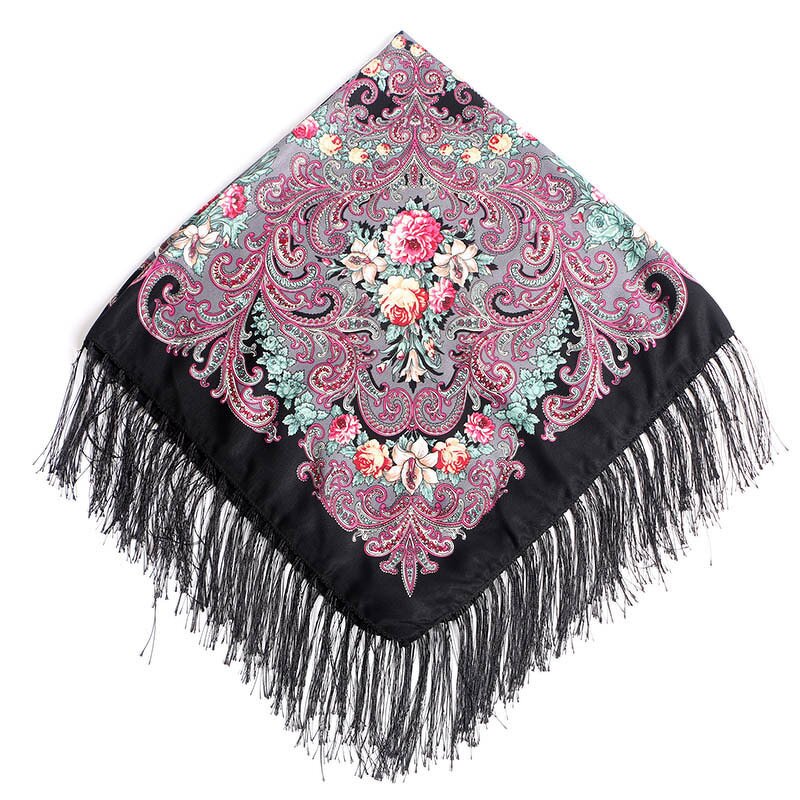 Cotton Square Headscarf Manufacturer - Best Selling Large Size Russian Tassel Ethnic Style Soft Floral Summer Adults Custom
