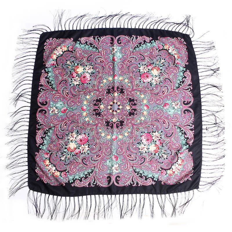 Cotton Square Headscarf Manufacturer - Best Selling Large Size Russian Tassel Ethnic Style Soft Floral Summer Adults Custom