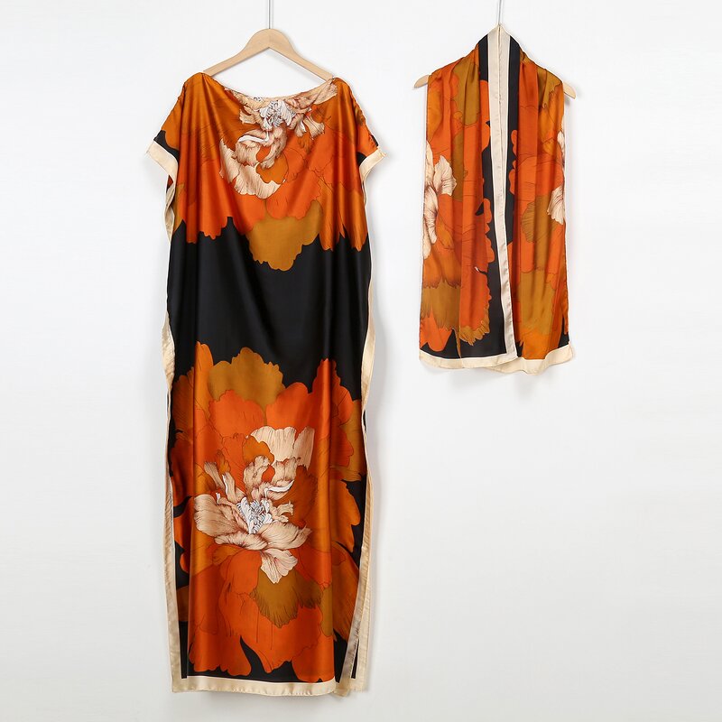 Abaya Muslim Dresses Manufacturer - Women Popular Caftan Marocain Silk Maxi Boho Floral Print Full Length Elegant