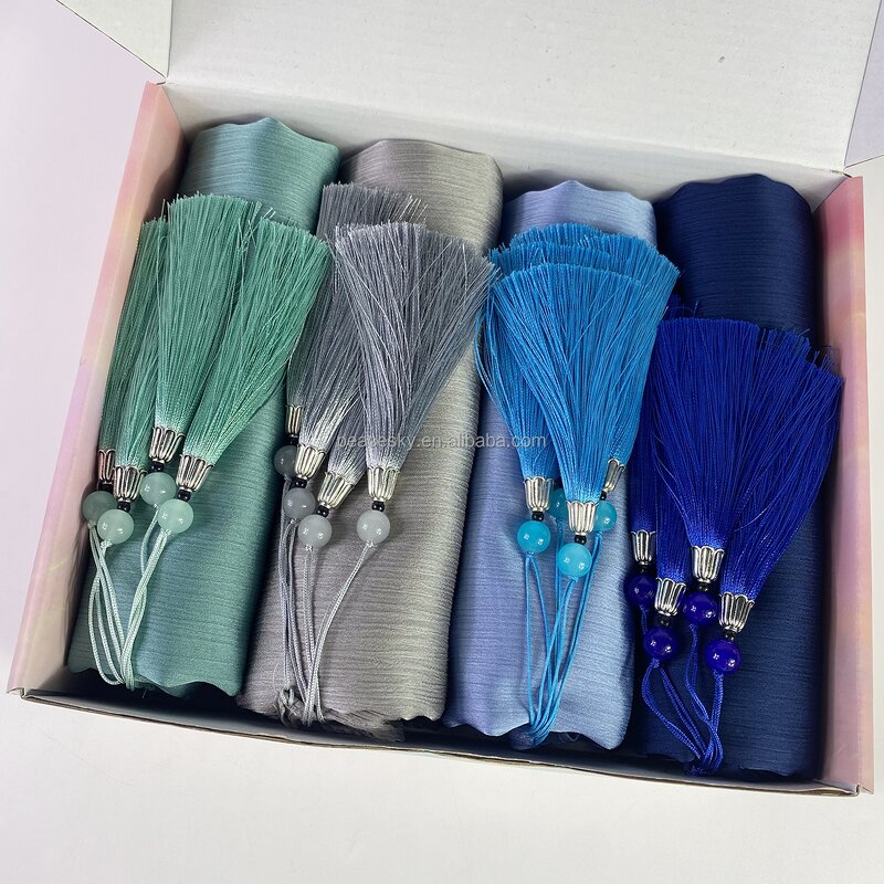 Gift Boxes Hijab Manufacturer - Crinkle Satin Silk Scarf Pendant Tassel Muslim Solid Plain Shawls Wrap Islamic
