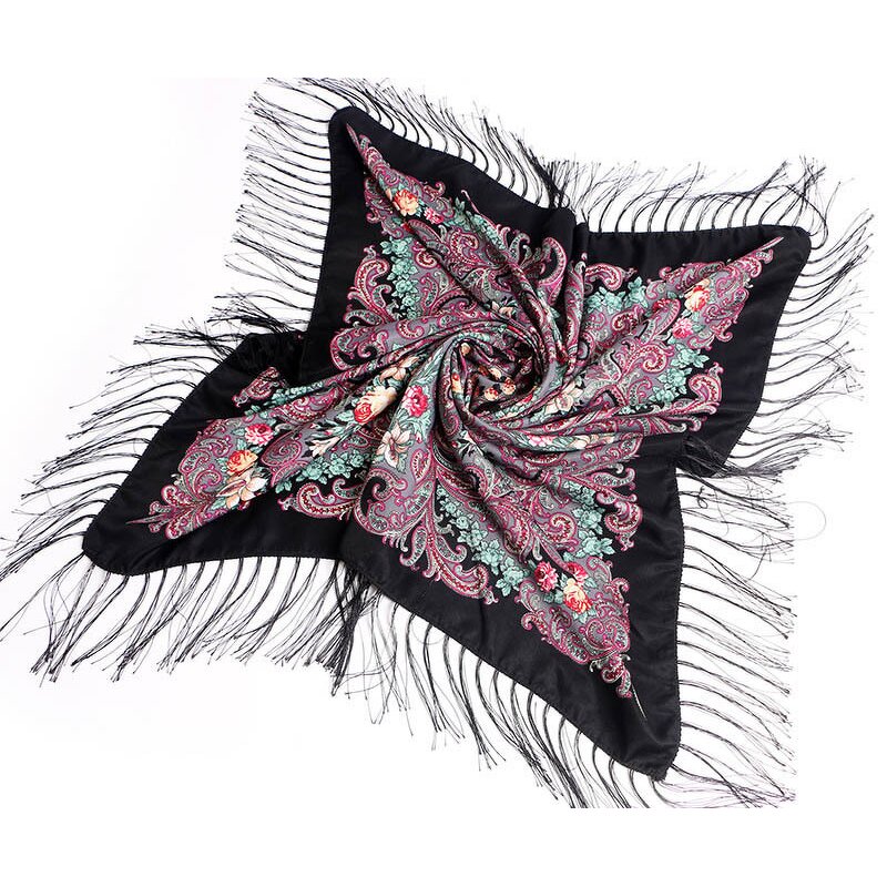 Cotton Square Headscarf Manufacturer - Best Selling Large Size Russian Tassel Ethnic Style Soft Floral Summer Adults Custom
