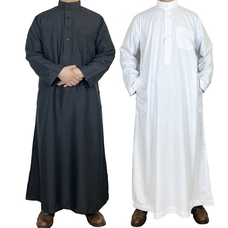 Men's Abaya Dress Manufacturer - Polyester Stand Collar Pocket Cross-Border Design for Qatar Adults Summer Wholesale