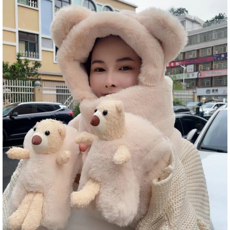 Bear Hat Gloves Scarf Set Manufacturer - Korean Cute Women's 3-Piece 100% Polyester Bows & Argyle Pattern Warm