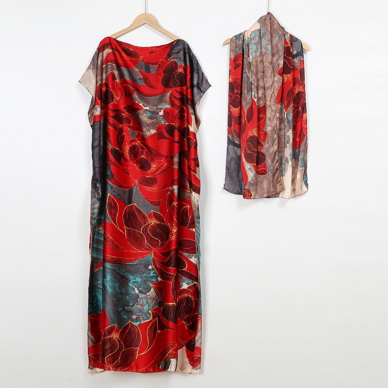 Abaya Muslim Dresses Manufacturer - Women Popular Caftan Marocain Silk Maxi Boho Floral Print Full Length Elegant