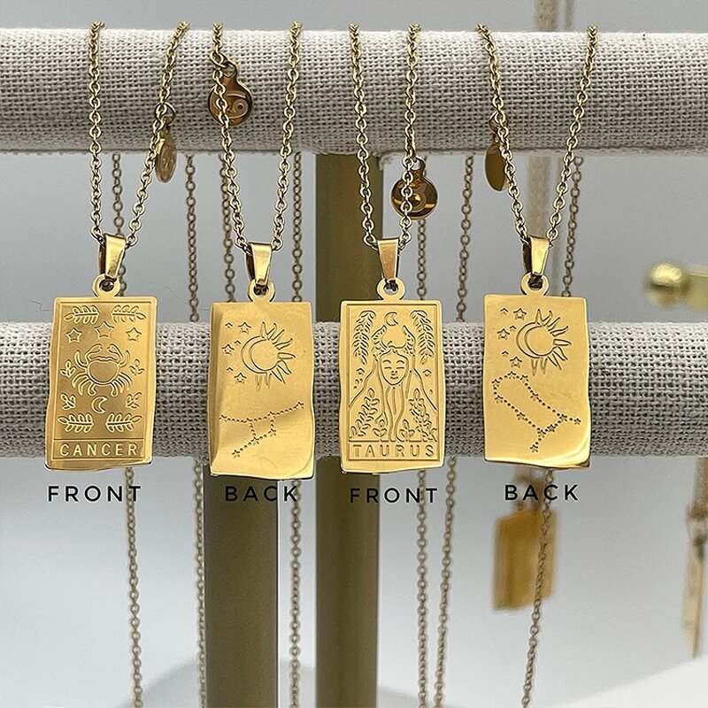 Zodiac Necklace Manufacturer - Elegant Female Stainless Steel 12 Horoscope Sign Gold-Plated Vintage Astrology Tarot Diamond