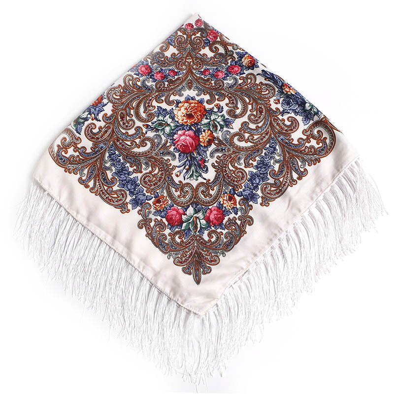 Cotton Square Headscarf Manufacturer - Best Selling Large Size Russian Tassel Ethnic Style Soft Floral Summer Adults Custom