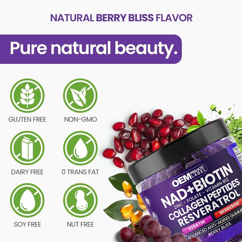 NAD+ Resveratrol Gummies Factory - OEM Anti-Aging K2 & D3 for Hair Skin Nails Joint