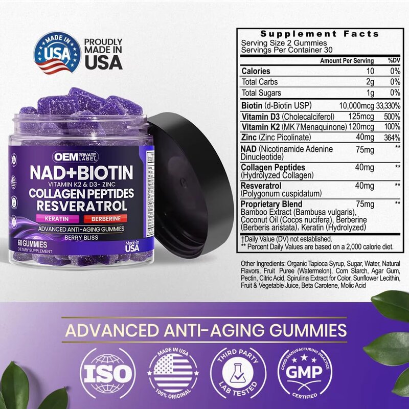 NAD+ Resveratrol Gummies Factory - OEM Anti-Aging K2 & D3 for Hair Skin Nails Joint