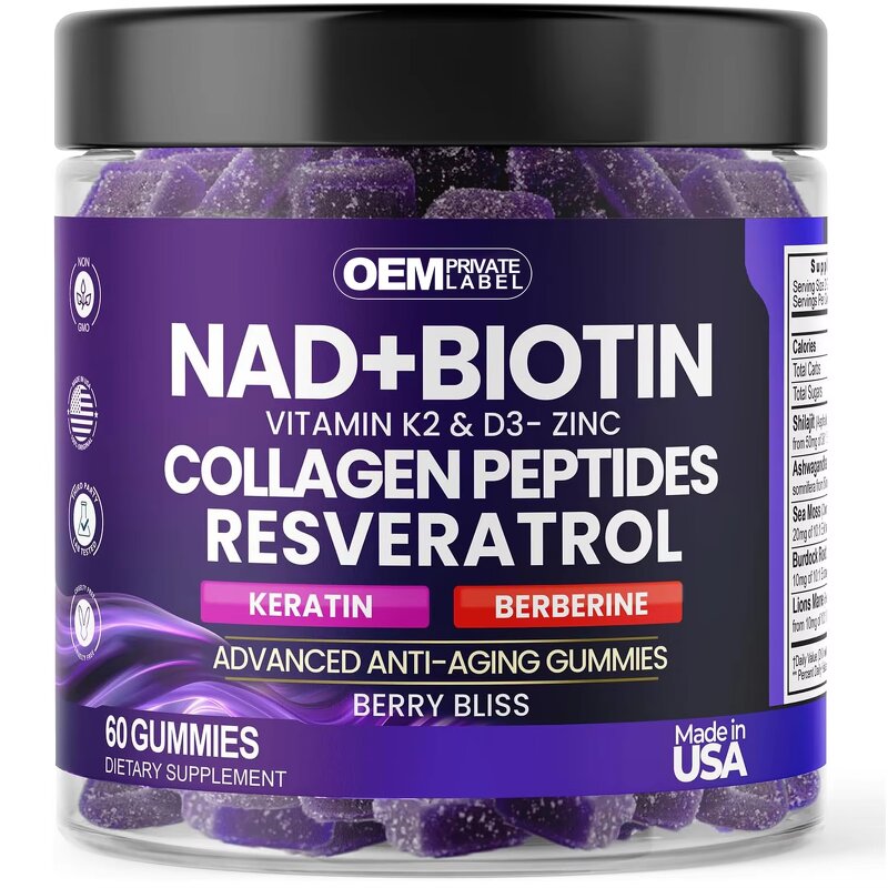 NAD+ Resveratrol Gummies Factory - OEM Anti-Aging K2 & D3 for Hair Skin Nails Joint