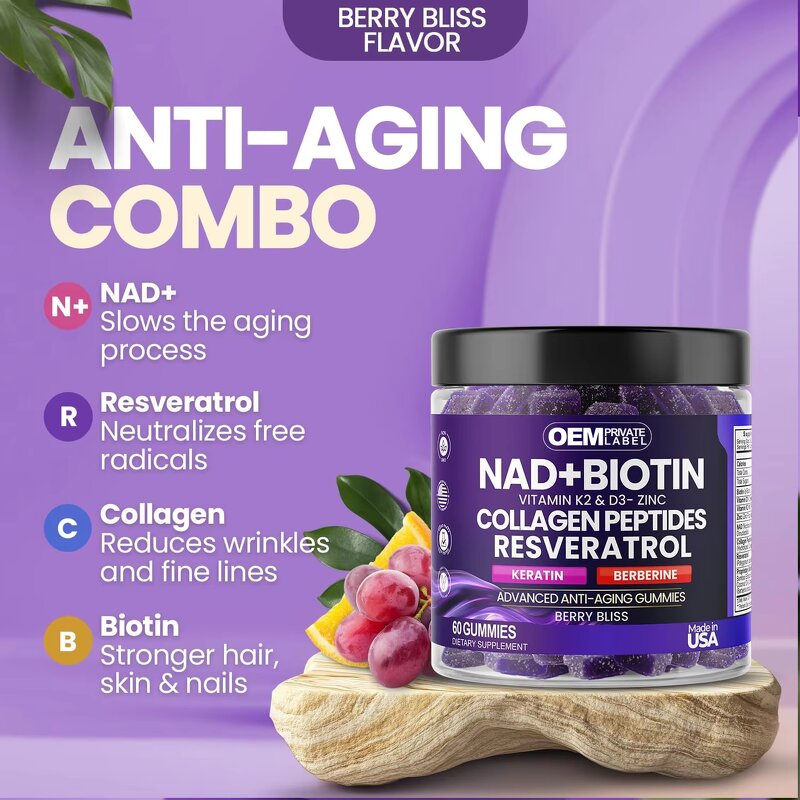 NAD+ Resveratrol Gummies Factory - OEM Anti-Aging K2 & D3 for Hair Skin Nails Joint