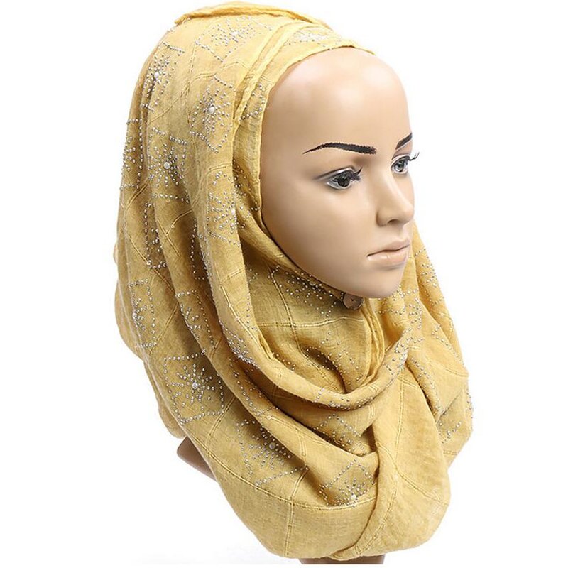 Muslim Hijab Factory - Long Wrap Plaid Scarf with Stones