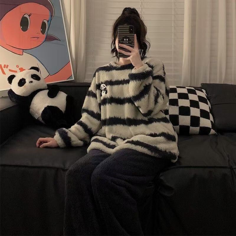 Striped Pajamas Set Factory - OEM Coral Fleece Sweet Home
