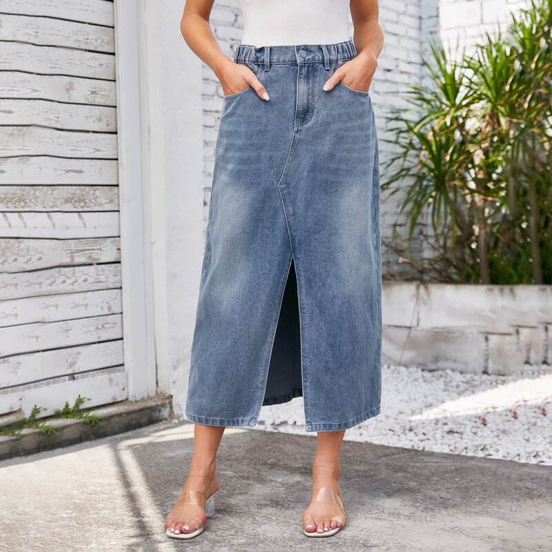 Ripped Denim Skirt Manufacturer - OEM Vintage High Waist Midi