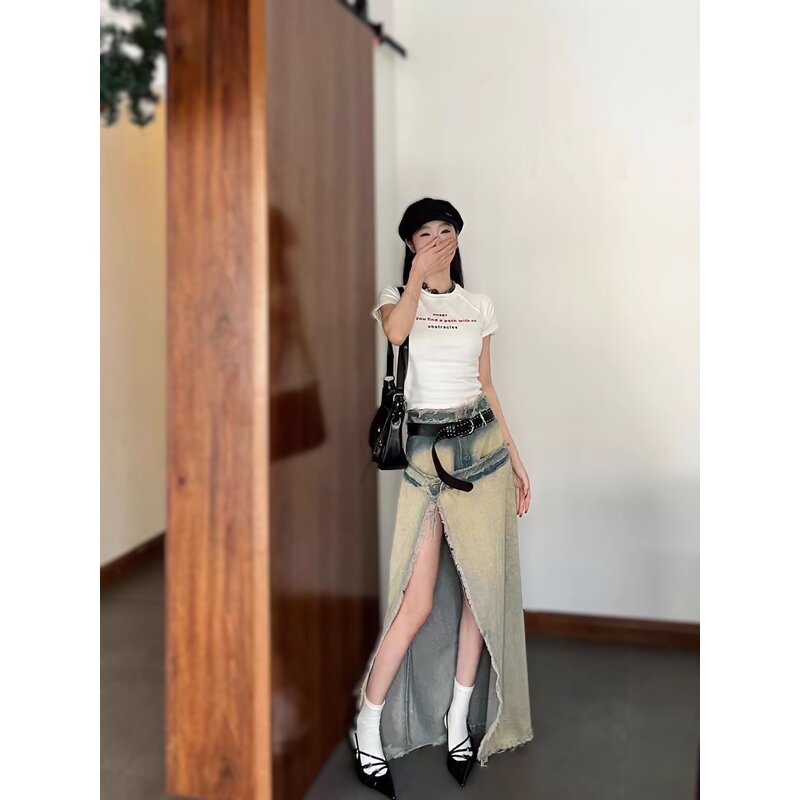 Denim Long Skirt Manufacturer - OEM Wasteland Style Fur Edge