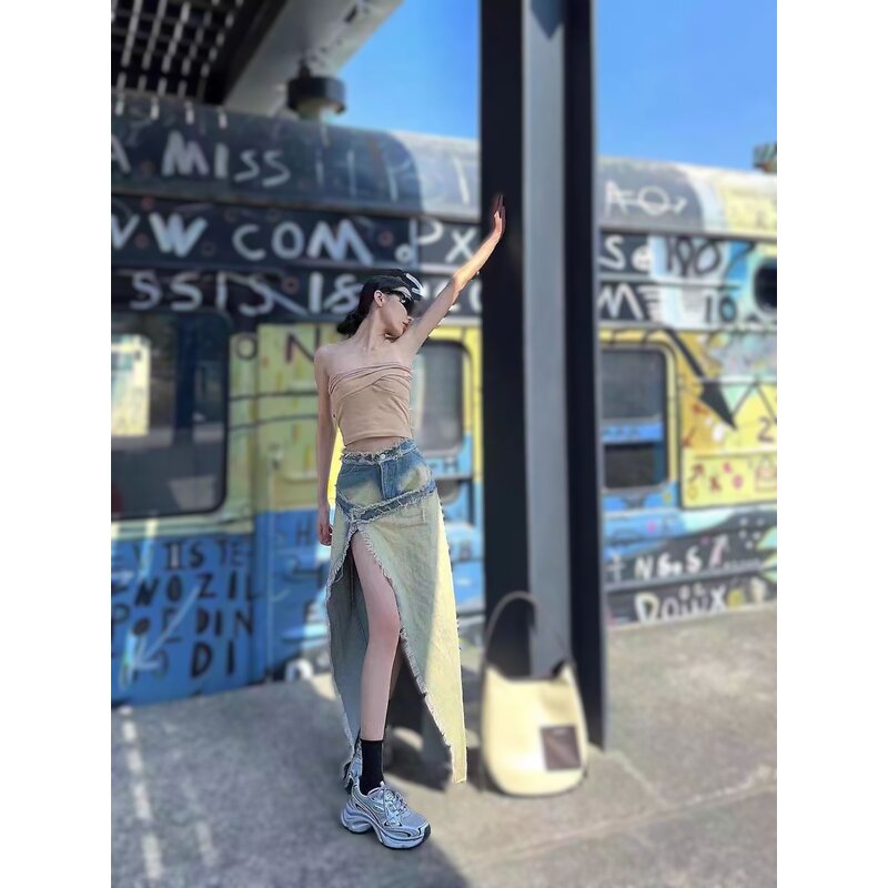 Denim Long Skirt Manufacturer - OEM Wasteland Style Fur Edge