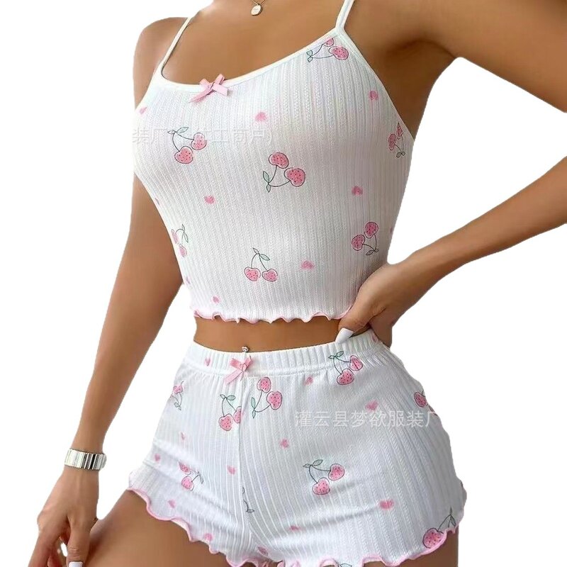 Women's Pajama Set Manufacturer - OEM Cherry Print Bow Cami Shorts