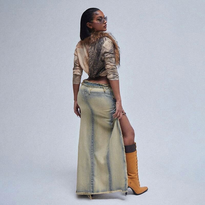 Distressed Denim Skirt Factory - OEM High Waisted Zipper Splicing