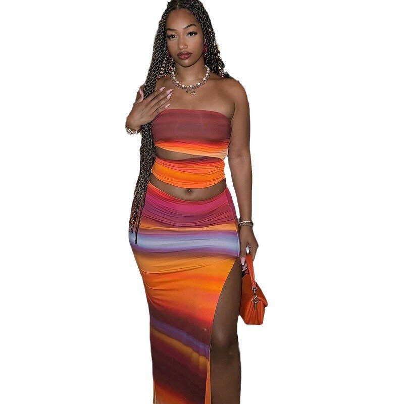 Halter Top Skirt Suit Manufacturer - OEM Gradient Printing Sleeveless