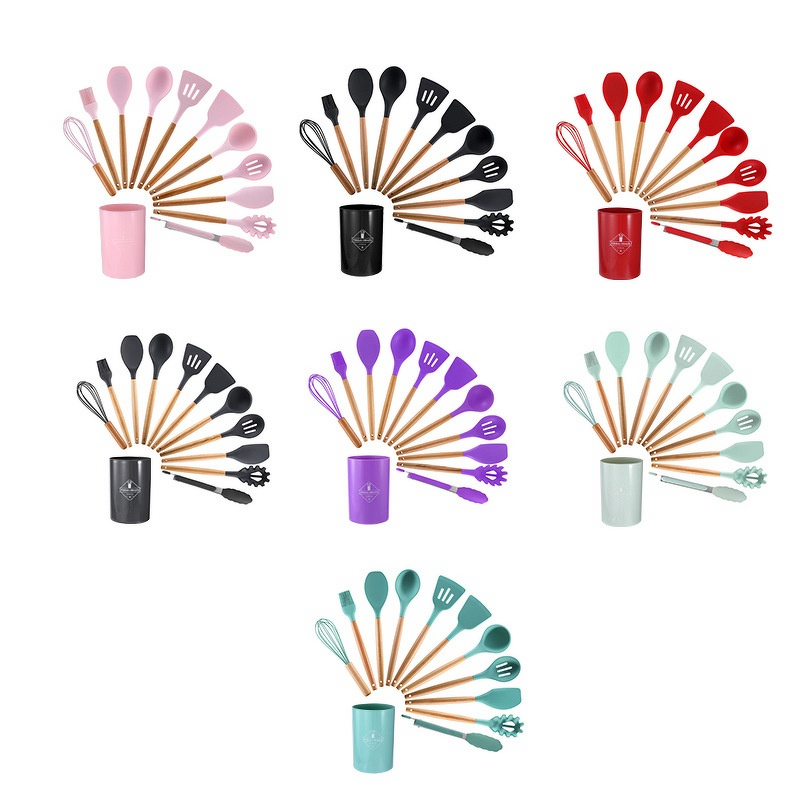 Silicone Cookware Set Manufacturer - OEM 12 Pcs Wooden Handle Spatula Kit