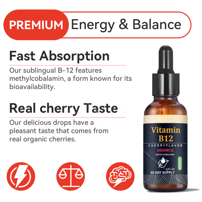 ACORN Private Label Cherry Flavor Vitamin B12 Supplements Vegan  Brain Health Energy Support 60ml Vitamin B12 Liquid Drops
