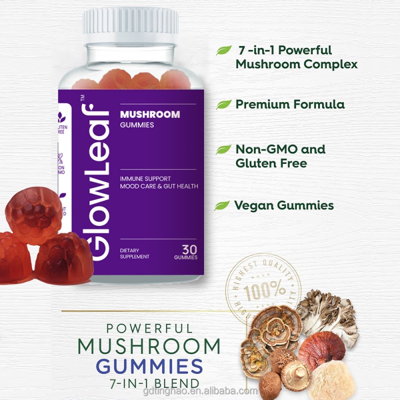 GlowLeaf Vegan Ashwagandha Reishi Lions Mane Mushroom Gummy Immunity Support Vegan Supplement Mushroom Gummies