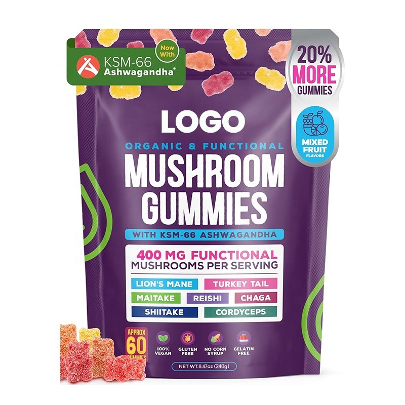 GlowLeaf Vegan Ashwagandha Reishi Lions Mane Mushroom Gummy Immunity Support Vegan Supplement Mushroom Gummies