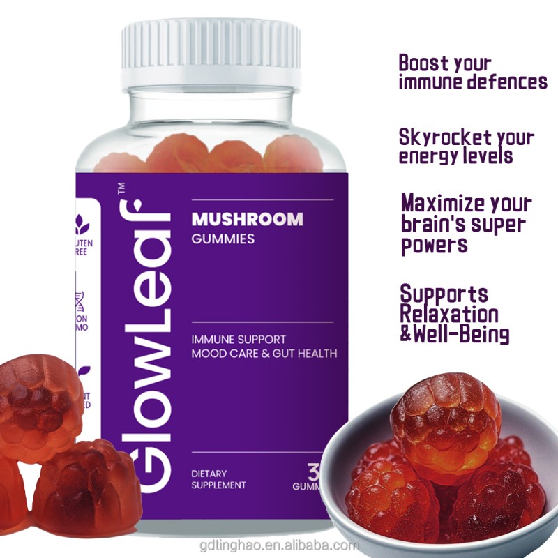 GlowLeaf Vegan Ashwagandha Reishi Lions Mane Mushroom Gummy Immunity Support Vegan Supplement Mushroom Gummies