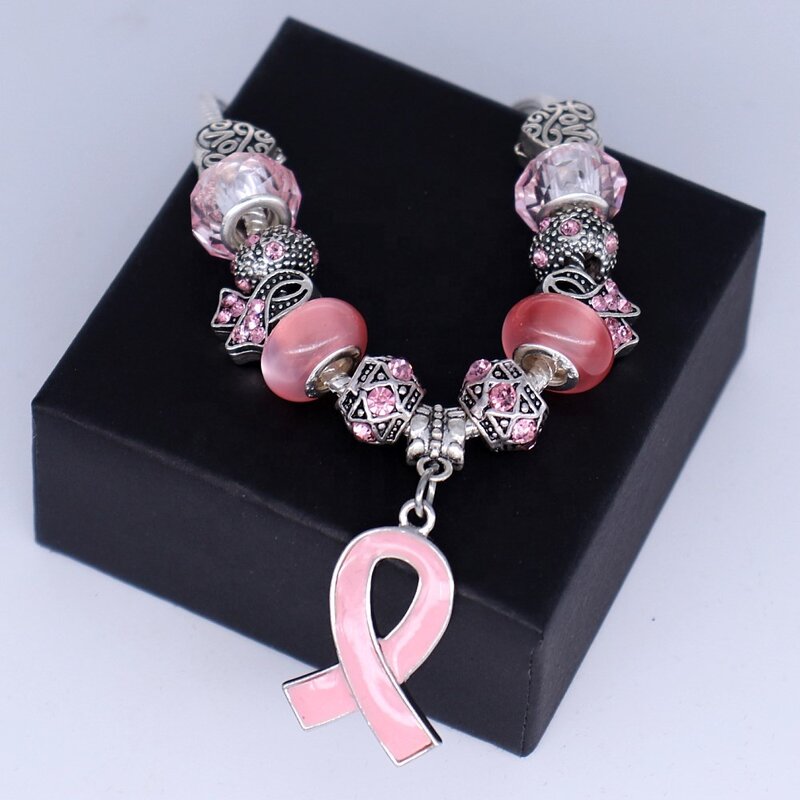 Breast Cancer Bracelet Manufacturer - OEM Custom Pink Enamel Ribbon