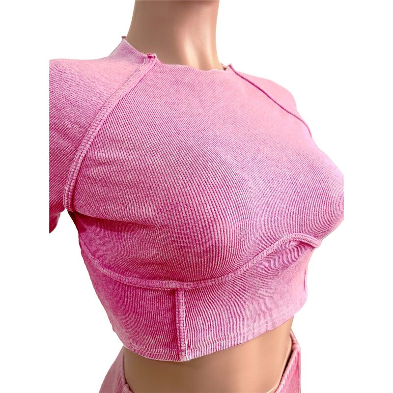 Women's 3 Piece Set Supplier - OEM Acid Washed Ribbed Crop TOP + Skirts Jacket